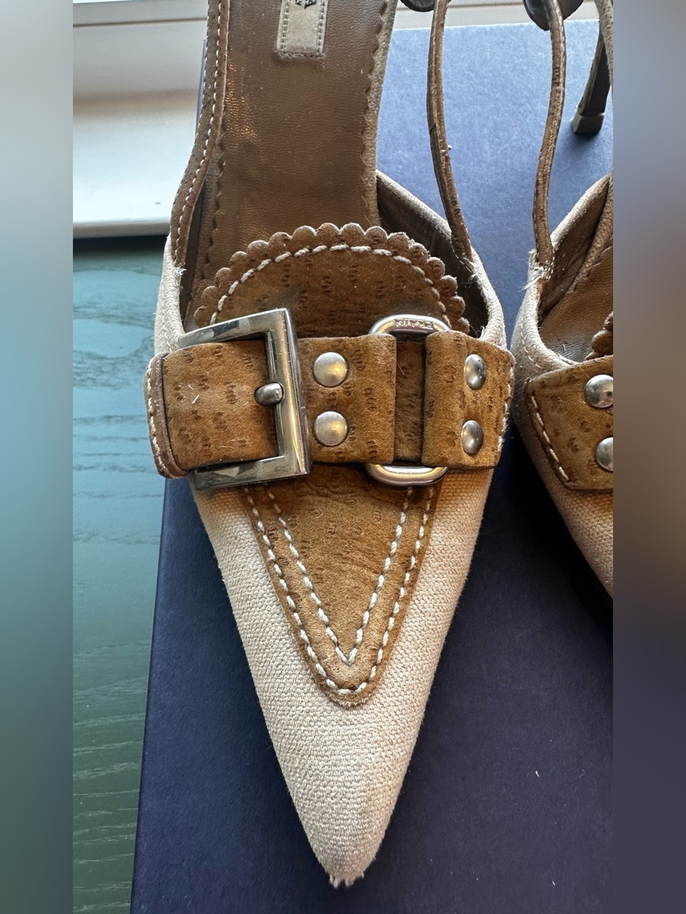 Vintage Prada Beige Canvas Pointed Toe Buckle Slingback Heels - Picture 2 of 16